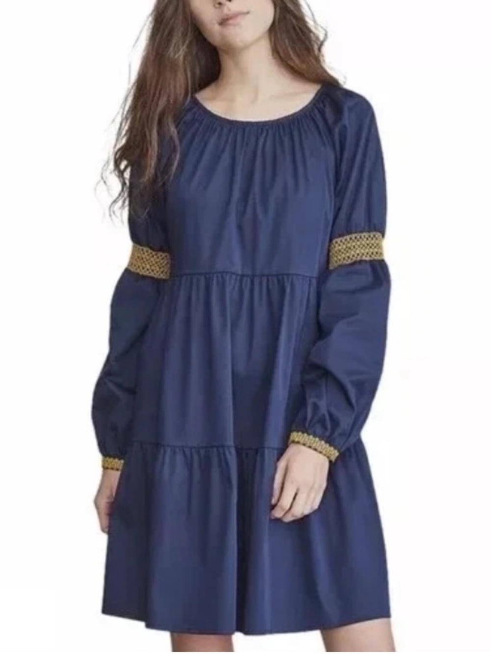 Elizabeth and James Navy Blue Tiered Peasant Dress Embroidered Long Sleeve XXL